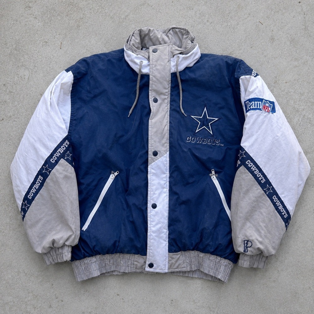 Vintage Pro Player Dallas Cowboys NFL Puffer Jacket Navy White Silver Mens XL
